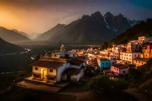 foto sfondo il cielo, montagne, tramonto, il villaggio, il montagne, il villaggio, il. ai-generato