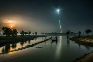 un' fulmine bullone striature attraverso il cielo al di sopra di un' fiume. ai-generato foto