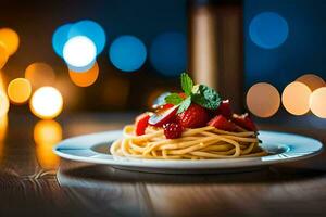 un' piatto di spaghetti con fragole e menta su un' di legno tavolo. ai-generato foto