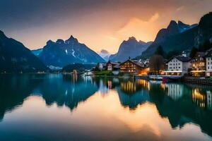 un' bellissimo tramonto al di sopra di un' lago e montagne. ai-generato foto