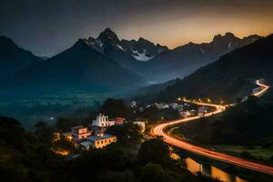 un' strada avvolgimento attraverso il montagne a crepuscolo. ai-generato foto