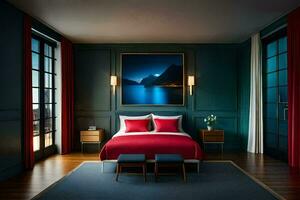 un' Camera da letto con un' rosso letto e blu muri. ai-generato foto