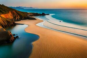 un' bellissimo spiaggia a tramonto con sabbia e acqua. ai-generato foto