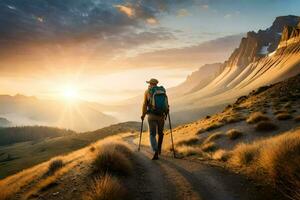 un' uomo con zaino e trekking poli passeggiate su un' pista nel il montagne. ai-generato foto