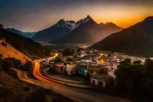 un' cittadina è visto nel il montagne a tramonto. ai-generato foto