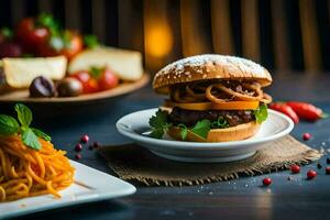 un' Hamburger e spaghetti su un' piatto. ai-generato foto