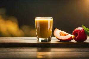 un' bicchiere di succo con un' fetta di pesca e un' fetta di Mela. ai-generato foto