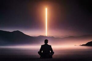 un' uomo seduta nel il mezzo di un' lago a notte con un' leggero In arrivo a partire dal il cielo. ai-generato foto