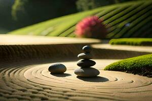 un' zen giardino con pietre e un' rosa fiore. ai-generato foto