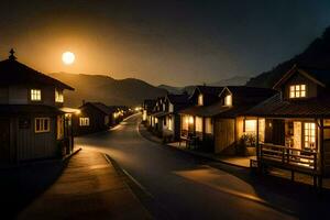 foto sfondo il notte, il Luna, il villaggio, il strada, il strada, il villaggio. ai-generato