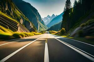 un' strada nel il montagne con alberi e montagne nel il sfondo. ai-generato foto