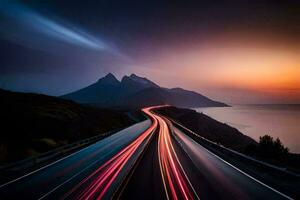 un' lungo esposizione fotografia di un' strada con montagne nel il sfondo. ai-generato foto