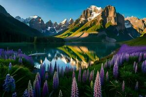 il lago è circondato di lupino fiori e montagne. ai-generato foto