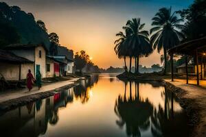 un' fiume nel il mezzo di un' villaggio a tramonto. ai-generato foto