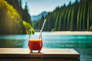 un' bicchiere di succo su un' tavolo vicino un' lago. ai-generato foto