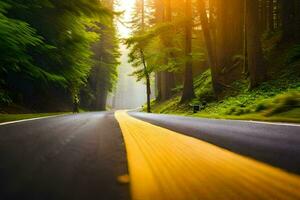 un' strada nel il foresta con alberi e sole. ai-generato foto