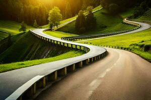 un' avvolgimento strada nel il montagne con il sole ambientazione. ai-generato foto