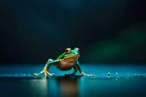 un' rana su un' buio superficie con un' blu sfondo. ai-generato foto