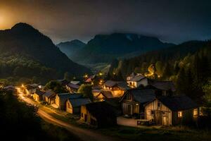 foto sfondo il cielo, montagne, notte, il Luna, il villaggio, il chiaro di luna,. ai-generato