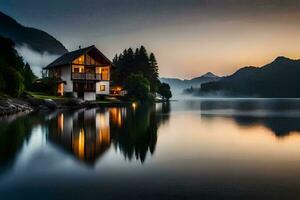 un' Casa si siede su il riva di un' lago a tramonto. ai-generato foto