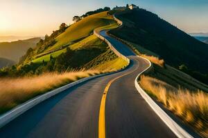 un' avvolgimento strada nel il montagne con un' tramonto. ai-generato foto