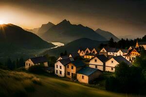 un' villaggio nel il montagne a tramonto. ai-generato foto