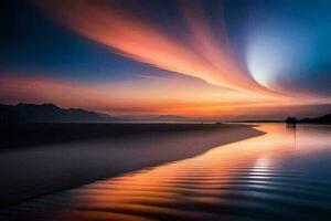 un' tramonto al di sopra di il acqua con un' lungo linea di nuvole. ai-generato foto