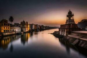 il sole imposta al di sopra di il fiume nel India. ai-generato foto