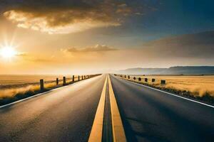 un vuoto strada nel il mezzo di un' campo a tramonto. ai-generato foto