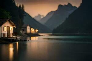 un' piccolo cabina si siede su il riva di un' lago a notte. ai-generato foto