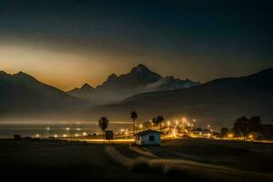 un' montagna gamma a notte con un' villaggio e un' Casa. ai-generato foto