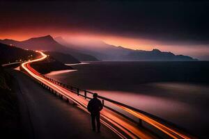 un' uomo passeggiate lungo il strada a notte con un' lungo esposizione. ai-generato foto