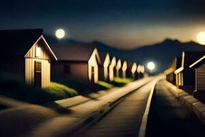 un' modello treno traccia con case su esso a notte. ai-generato foto