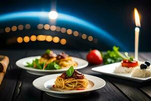 spaghetti e Polpette su un' piatto con un' candela. ai-generato foto