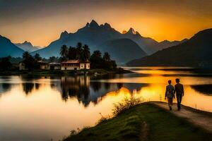 un' coppia passeggiate lungo il riva di un' lago a tramonto. ai-generato foto