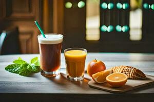 un' tavolo con arancia succo, pane e un' bere. ai-generato foto