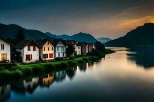 foto sfondo il cielo, montagne, acqua, case, lago, tramonto, il montagne, il. ai-generato