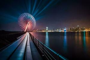 fuochi d'artificio al di sopra di il città orizzonte a notte. ai-generato foto