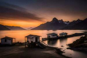 il tramonto al di sopra di il lago e montagne. ai-generato foto