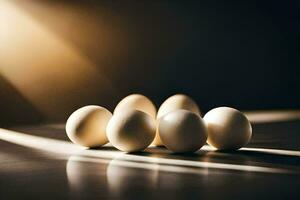 cinque uova su un' tavolo con luce del sole splendente su loro. ai-generato foto