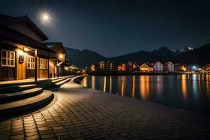 un' notte Visualizza di un' lago e edifici a notte. ai-generato foto