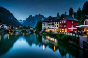 un' fiume e case nel il montagne a notte. ai-generato foto