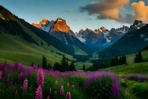 il sole brilla su il montagne e fiori nel il primo piano. ai-generato foto