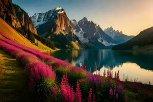 il bellissimo paesaggio di il montagne e il lago. ai-generato foto