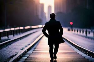 un' uomo a piedi su un' Ferrovia traccia a tramonto. ai-generato foto