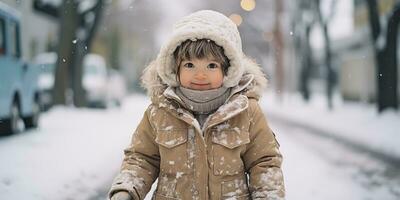 un' paffuto bambino ragazza a piedi nel il neve, ai generativo foto