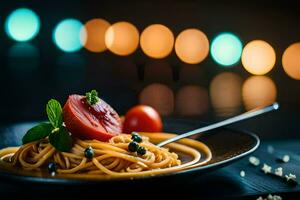 spaghetti con pomodoro e basilico su un' nero piatto. ai-generato foto