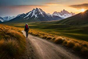 un' uomo passeggiate su un' sporco strada nel il montagne. ai-generato foto