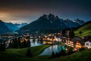 foto sfondo il cielo, montagne, lago, il villaggio, il montagne, il villaggio, il. ai-generato