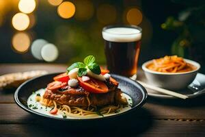 un' piatto di cibo con pomodoro salsa e un' birra. ai-generato foto